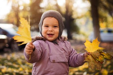 Sarı akçaağaç demet gülen çocuk sonbahar Park'ta bırakır