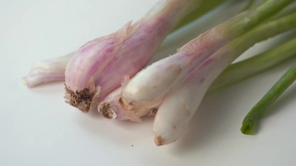 Close up de cebola cebolinha verde no fundo branco. Comida saudável. Vida dos agricultores — Vídeo de Stock