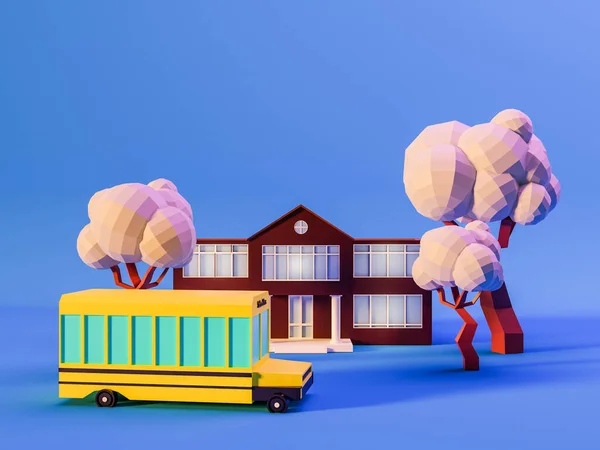 3d weergave van schoolgebouw, bomen en schoolbus op blauwe achtergrond in neon kleuren. Terug naar schoolconcept — Stockfoto