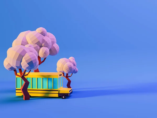 3D vykreslení stromů a školní autobus na modrém pozadí v neonových barvách. Návrat do školy — Stock fotografie