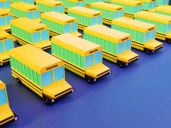 3D återge många skolbuss på blå bakgrund i neon färger. Tillbaka till skolkonceptet — Stockfoto