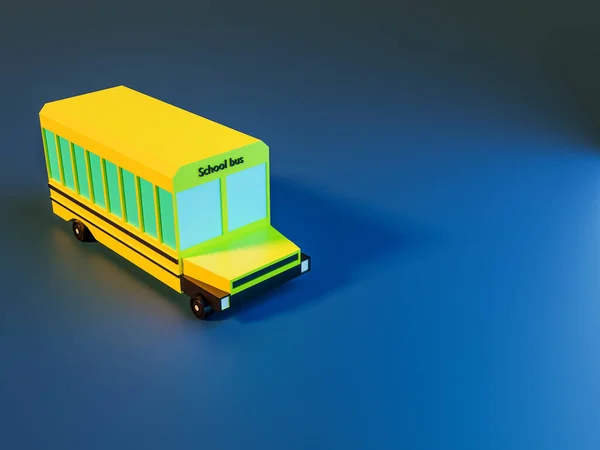 3d renderowania drzew i autobusu szkolnego na niebieskim tle w neonowych kolorach. Powrót do koncepcji szkoły — Zdjęcie stockowe
