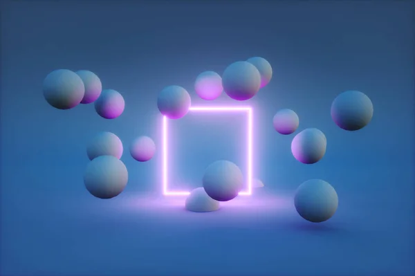 3 boyutlu neon çerçeve ve etrafında toplar var. modern teknoloji kavramı