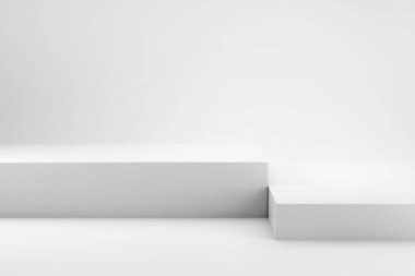 Beyaz stüdyodaki beyaz podyumlar. Minimum stil, beyaz monokrom. Ürün için 3D podyum hazırlama