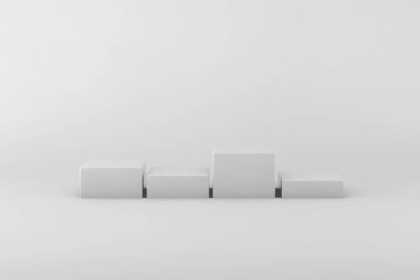 Beyaz stüdyodaki beyaz podyumlar. Minimum stil, beyaz monokrom. Ürün için 3D podyum hazırlama