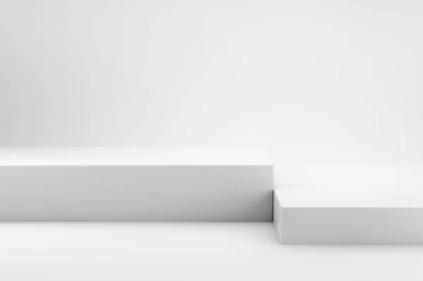 Weiße Podeste im weißen Studio. Minimaler Stil, weiß monochrom. 3D-Darstellung des Podiums für Produkt — Stockfoto