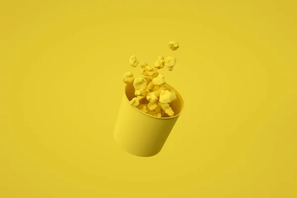 3D καθιστούν μονόχρωμο κίτρινο κουτί ποπ κορν. Τροφή ανύψωσης. Κινηματογραφική ιδέα σνακ — Φωτογραφία Αρχείου