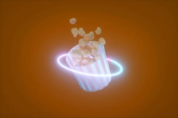 3D-Rendering einer monochromen gelben Popcornbox. Schwebendes Essen. Kino-Imbiss-Konzept — Stockfoto