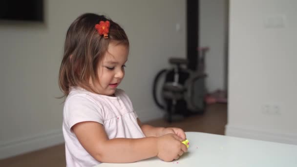 Caucasian toddler girl playing modeling play dough at home with mother. Homeschooling concept — Stock Video