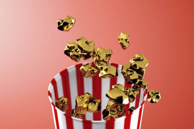 Üç boyutlu tek renkli sarı patlamış mısır kutusu. Havalandırma yiyeceği. Sinema atıştırmalığı konsepti 