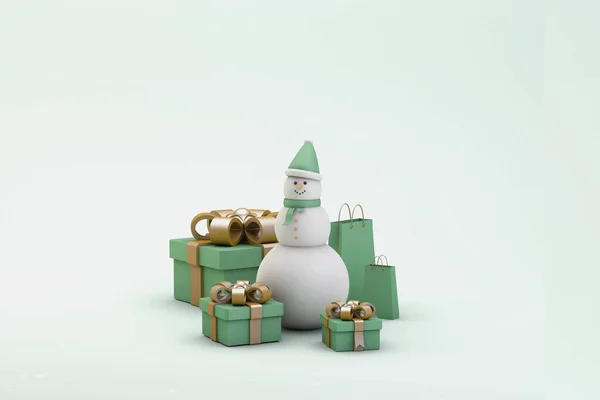 Muñeco de nieve, cajas de regalo y paquetes en colores verdes y dorados. Venta de compras de Navidad. 3d renderizar — Foto de Stock