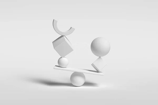 Balancierende Kugeln in weißer monochromer Farbe. Konzeptionelle 3D-Darstellung von Achtsamkeit, Entspannung und Harmonie. — Stockfoto