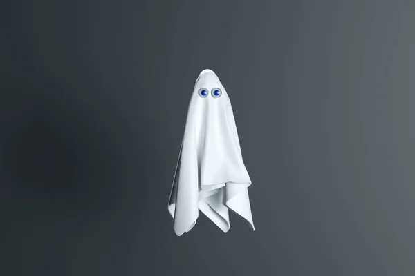 Personaje fantasma sobre fondo azul. Sábana blanca con ojos. 3d renderizado de Halloween criatura — Foto de Stock