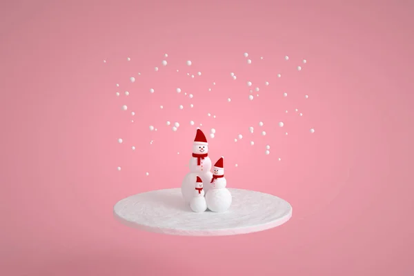 Familia muñeco de nieve con bufanda y sombrero en colores rosados. Símbolo de nieve de Navidad. Rendimiento mínimo 3d — Foto de Stock