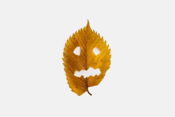 Hoja amarilla de otoño con cara de halloween aislada sobre fondo blanco. Vacaciones mínimas espeluznantes — Foto de Stock