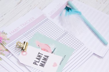 Beyaz ofis resepsiyon masası üstünde tepe-in boş defter sayfasıdır. Üstten görünüm, düz yatıyordu. Kağıtları masanın üzerinde yazma, planlama kalem,