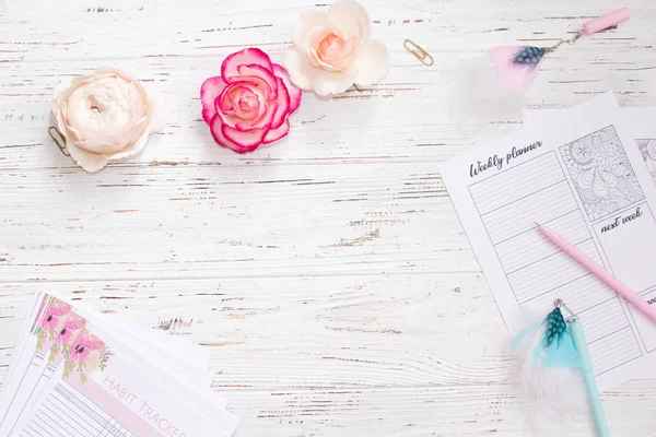 Beyaz ofis resepsiyon masası üstünde tepe-in boş defter sayfasıdır. Üstten görünüm, düz yatıyordu. Kağıtları masanın üzerinde yazma, planlama kalem,