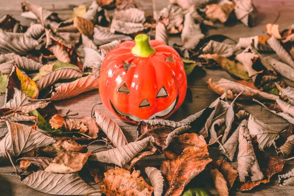 Halloween Pumpa Porslin Ljusstake Omgiven Blad — Stockfoto