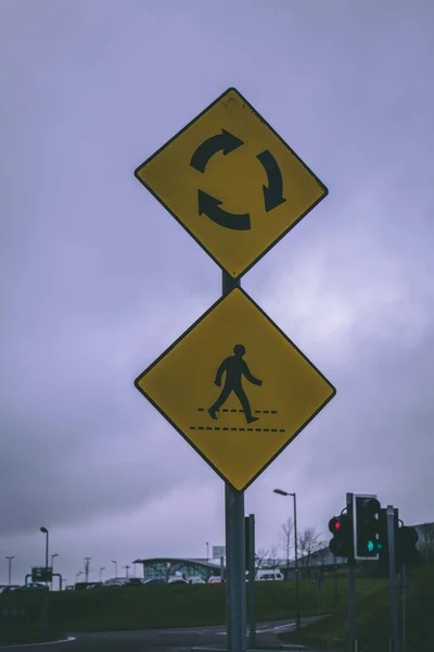 Close Zebra Crossing Roundabout Road Signs — Stock Photo, Image