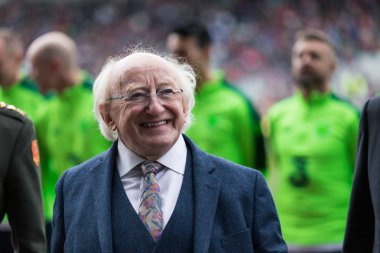 25th Eylül 2018, Cork, İrlanda - İrlanda Başkanı Michael D. Higgins Liam Miller haraç için Pairc Kullanıcı arabirimi Chaoimh adım, İrlanda ve Celtic XI arasında vs Manchester United XI maç.