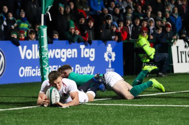 February 1st, 2019, Cork, Ireland: Jonathan Wren tackles Ollie Sleightholme at the Under 20 Six Nations match between Ireland and England at the Irish Independent Park.  clipart