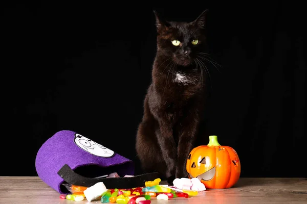 Gatto Nero Piedi Tavolo Legno Accanto Caramelle Decorazioni Halloween — Foto Stock