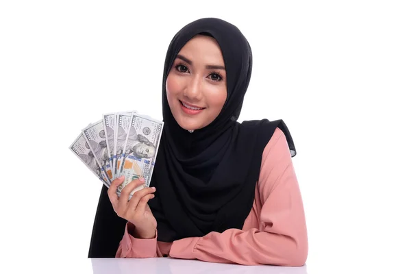 Cara Expressão Mulher Bonita Com Dinheiro Financiar Conceitual Com Dinheiro — Fotografia de Stock