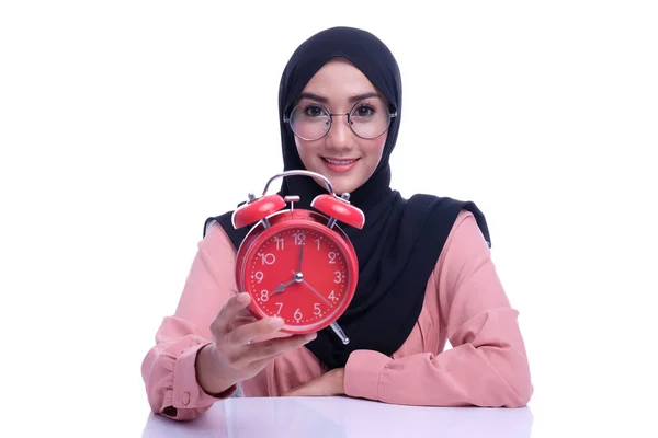 Cara Emoción Expresión Musulmana Cara Mujer Con Reloj Tiempo Deferencia — Foto de Stock