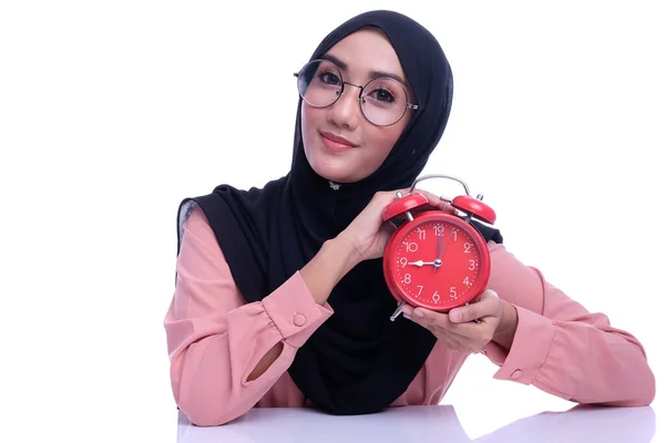 Emotion Face Expression Muslim Woman Face Deference Time Clock Happy — Stock Photo, Image