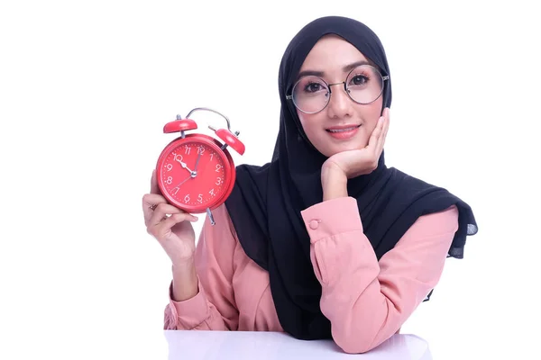 Emotion Face Expression Muslim Woman Face Deference Time Clock Happy — Stock Photo, Image