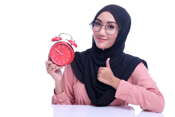 Емоційне Обличчя Або Вираз Мусульманської Жінки Стикаються Годинниковою Стрілкою Щасливий — стокове фото