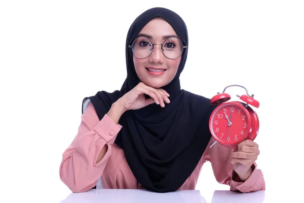 Cara Emoción Expresión Musulmana Cara Mujer Con Reloj Tiempo Deferencia — Foto de Stock