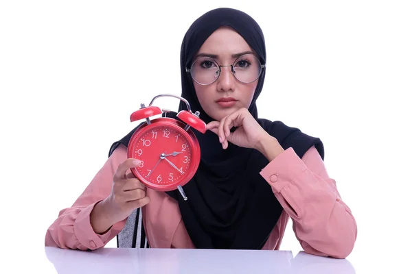 Емоційне Обличчя Або Вираз Мусульманської Жінки Стикаються Годинниковою Стрілкою Щасливий — стокове фото