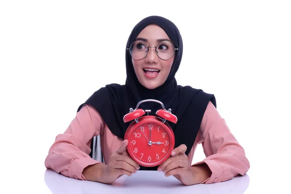 Cara Emoción Expresión Musulmana Cara Mujer Con Reloj Tiempo Deferencia — Foto de Stock