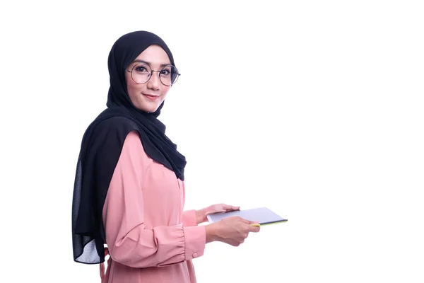 Confiança Mulher Muçulmana Bonita Interativa Com Tablet Negócios Finanças Interativo — Fotografia de Stock