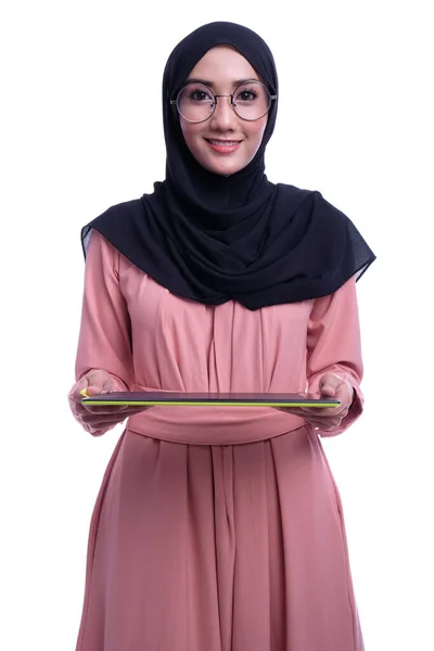 Confidence Interactive Pretty Muslim Woman Tablet Business Finance Interactive Conceptual — Stock Photo, Image