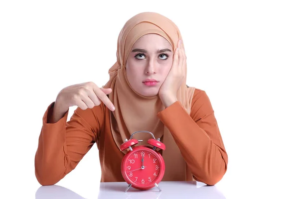 Pretty Muslim Woman Alarm Clock Deference Face Expression Mood — Stock Photo, Image