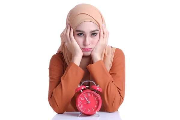 Pretty Muslim Woman Alarm Clock Deference Face Expression Mood — Stock Photo, Image