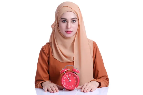 Pretty Muslim Woman Alarm Clock Deference Face Expression Mood — Stock Photo, Image