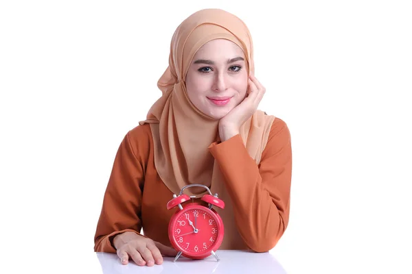 Pretty Muslim Woman Alarm Clock Deference Face Expression Mood — Stock Photo, Image