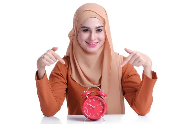 Pretty Muslim Woman Alarm Clock Deference Face Expression Mood — Stock Photo, Image