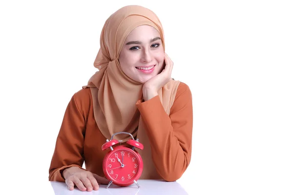 Pretty Muslim Woman Alarm Clock Deference Face Expression Mood — Stock Photo, Image