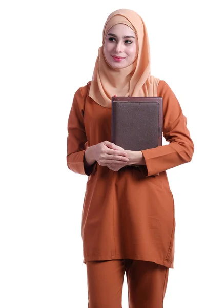 Uttryck Söt Muslimsk Kvinna Ansikte Bär Bok Utbildning — Stockfoto