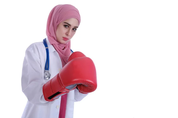 Confidence Young Muslim Woman Doctor Stethoscope White Doctor Coat — Stock Photo, Image