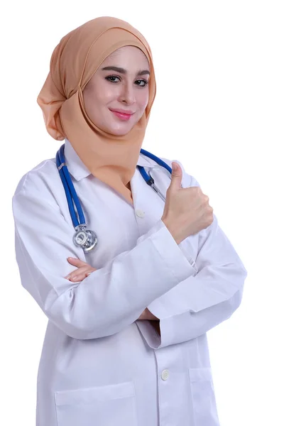 Confidence Young Muslim Woman Doctor Stethoscope White Doctor Coat — Stock Photo, Image