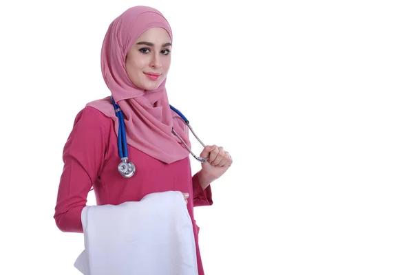 Confidence Young Muslim Woman Doctor Stethoscope White Doctor Coat — Stock Photo, Image