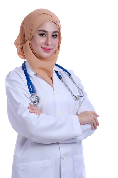 Confidence Young Muslim Woman Doctor Stethoscope White Doctor Coat Stock Photo
