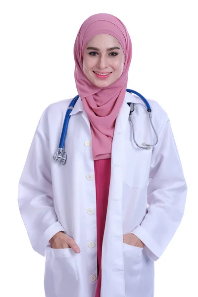 Confidence Young Muslim Woman Doctor Stethoscope White Doctor Coat Stock Photo