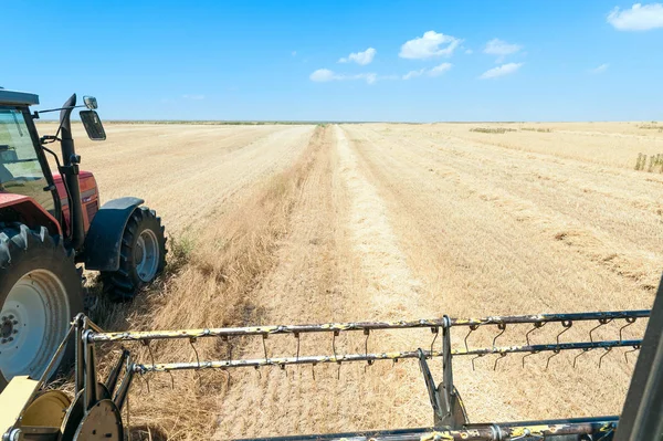 Harvester Latar Depan Pada Latar Belakang Pedesaan Bekerja Fiel — Stok Foto