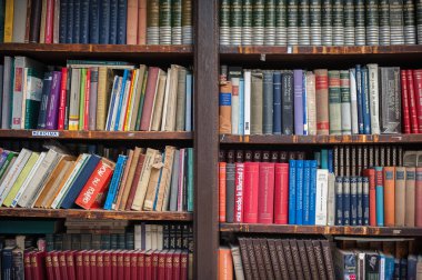 Foregroun çeşitli konuların antik kitap kitaplık